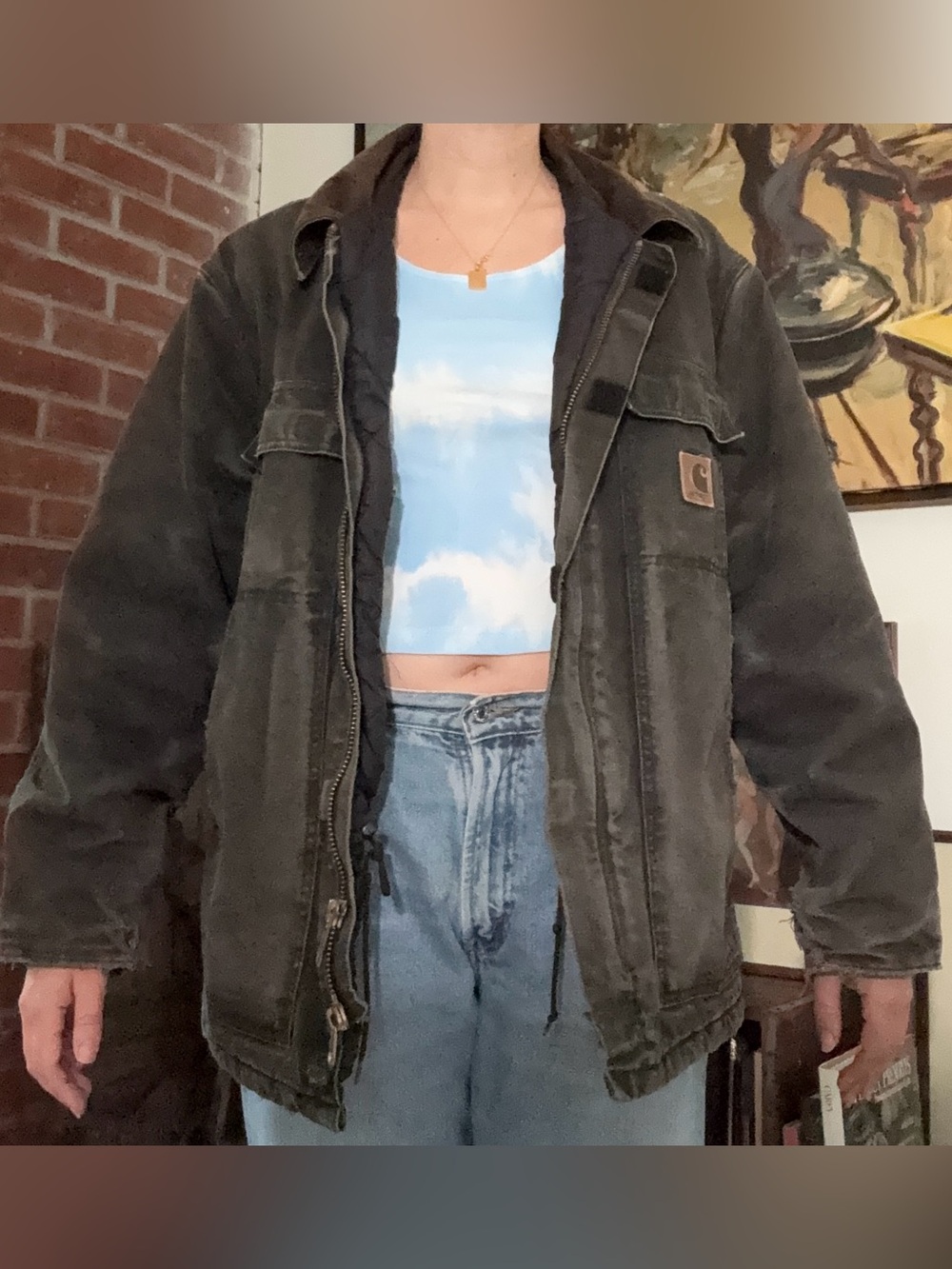Vintage Carhartt Black Workwear Distressed Jacket with Brown Corduroy Collar - Picture 2 of 9